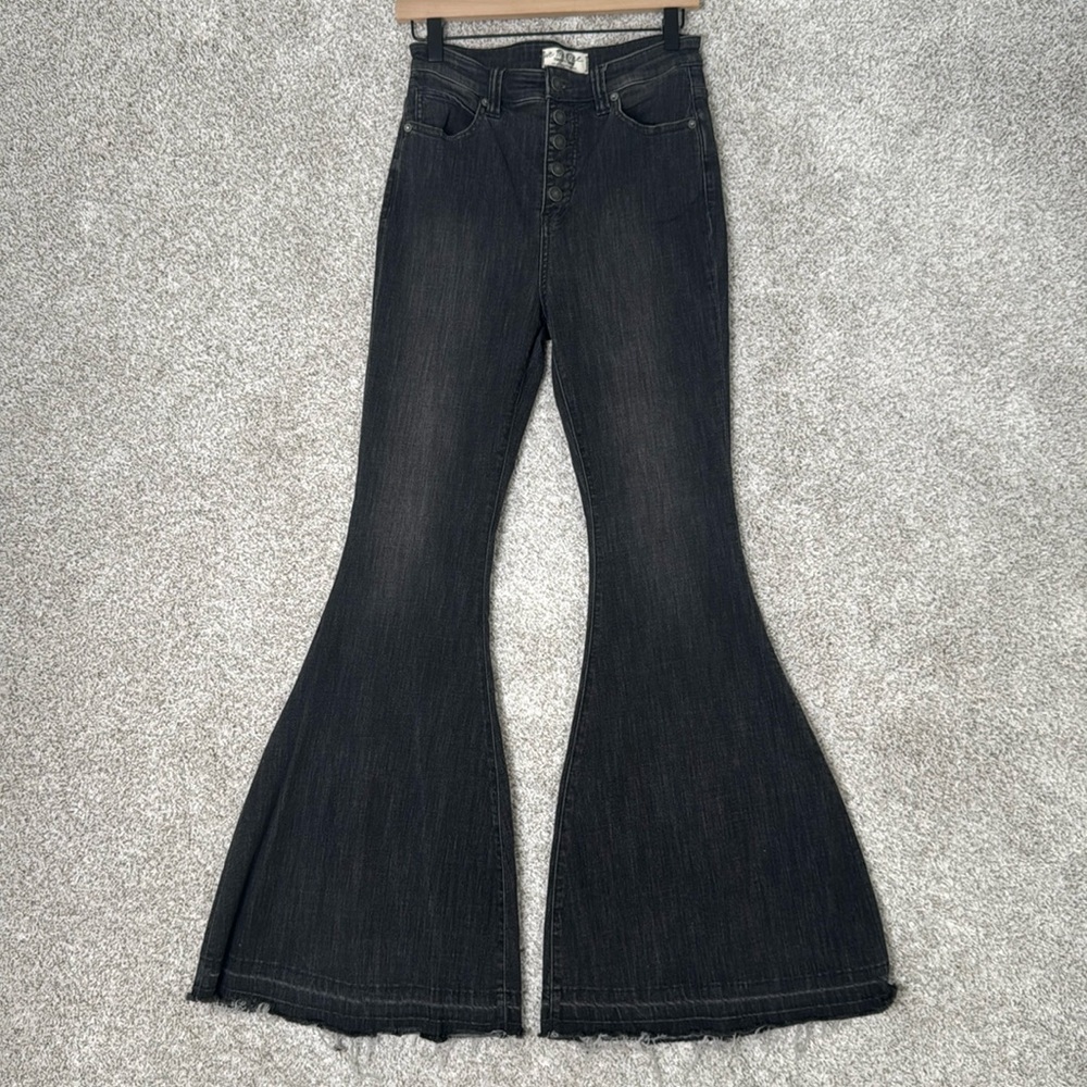 Free People Black High-Rise Button-Front Flare Jeans